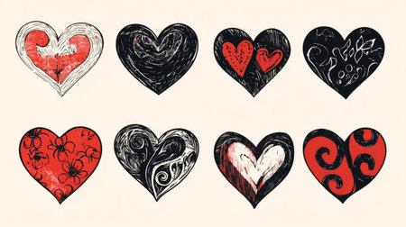 Illustration set of artistic hand-drawn hearts in black and red tones, creatively styled for romance and love themesの素材