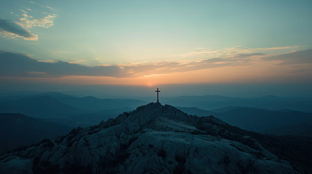 Inspirational scene of a cross at the summit of a mountain during sunrise, with open sky and space for text or brandingの素材