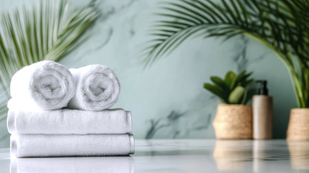 Neatly folded stacks of soft, fluffy white towels on a clean surface with ample copy space, exuding luxury and cleanlinessの素材