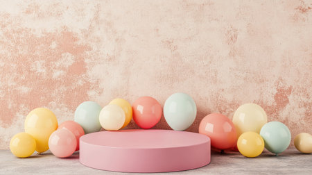 Round podium with pastel balloons scattered around, soft pink concrete background, and copy space for designの素材