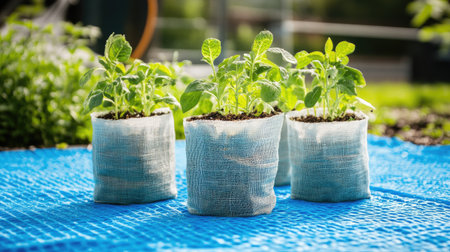 Soil bags with thriving young plants on a bright blue mat under soft sunlight, garden preparation scene, eco-friendly vibeの素材