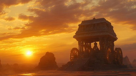 The iconic stone chariot at Temple, beautifully illuminated by a golden sunset, symbolizing India cultural heritageの素材