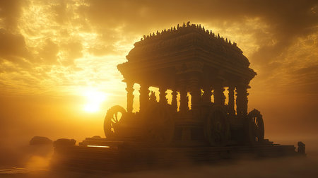The iconic stone chariot at Temple, beautifully illuminated by a golden sunset, symbolizing India cultural heritageの素材
