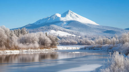 Snowy Mount Petros in the Ukrainian Carpathians, surrounded by a peaceful winter forest and clear blue skiesの素材