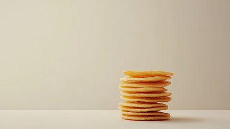 Realistic stack of crispy potato chips on a clean white surface, top view, minimalist design with copy spaceの素材