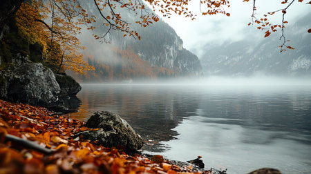 The picturesque Hallstatt lake surrounded by autumn foliage, with misty mountains creating a serene and magical atmosphereの素材
