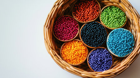 Top view of a woven basket containing vibrant beads sorted by colors, set on a white surface, ideal for crafting themesの素材