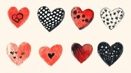 Set of whimsical hand-drawn hearts with unique patterns and textures, symbolizing love and romance, on a simple backgroundの素材