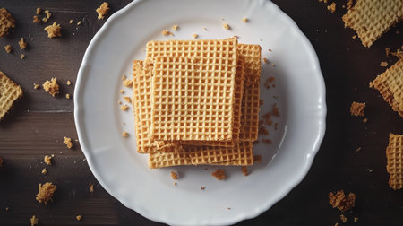 Top view of a realistic stack of golden crispy wafers on a white plate, surrounded by crumbs and soft shadowsの素材