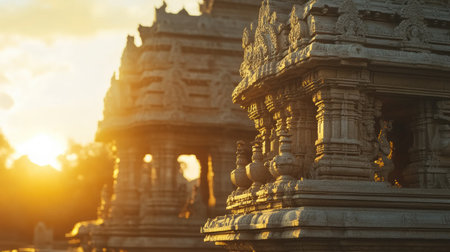 The famous stone chariot at Vittala Temple during sunset, with warm light highlighting its architectural detailsの素材