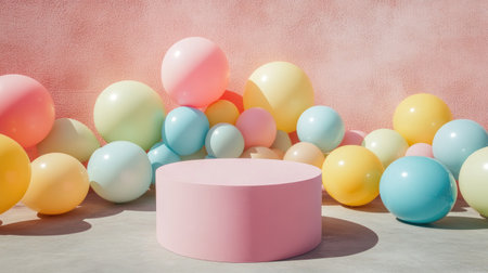 Top view of a product podium stage surrounded by pastel color balloons on a pink concrete background, minimal aestheticの素材