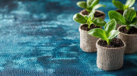 Young plants in soil bags with vibrant green leaves on a textured blue mat, natural sunlight enhancing the sceneの素材