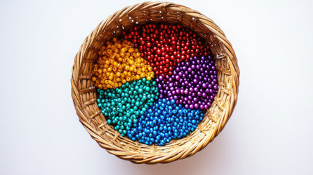 Top view of a woven basket containing vibrant beads sorted by colors, set on a white surface, ideal for crafting themesの素材