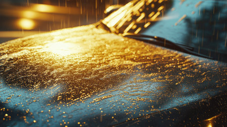 Wet car hood with soap suds and water splashes glistening under car wash lights, capturing the cleaning process.の素材