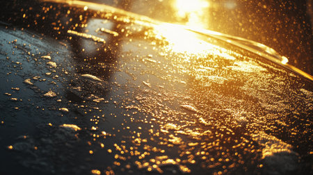 Wet car hood with soap suds and water splashes glistening under car wash lights, capturing the cleaning process.の素材