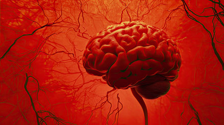 A digital human brain glowing with neural pathways on a vibrant red background, symbolizing innovationの素材
