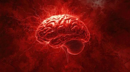 A glowing human brain connected to neural circuits on a vivid red background, symbolizing advanced techの素材