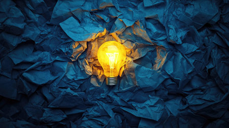 Bright golden paper glowing in a sea of dark crumpled sheets, highlighting an innovative ideaの素材
