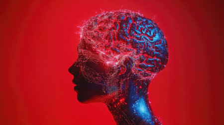 3D visualization of a human brain illuminated with neural circuits and data streams on a red backdropの素材