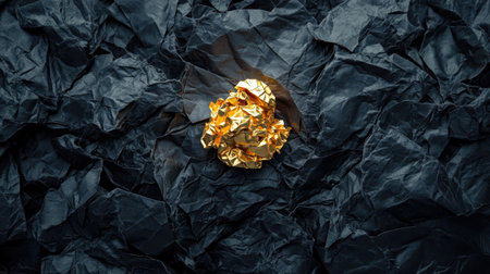 A visual metaphor of success: golden crumpled paper amid dark sheets representing failed ideasの素材