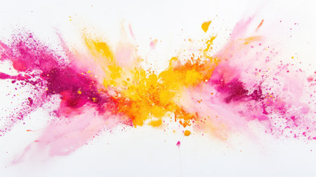 Yellow and pink powder burst frozen in time, creating a dramatic colorful explosion against a clean white backgroundの素材