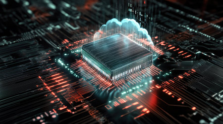 A holographic cloud integrated with a microchip on a dark background, surrounded by binary codesの素材