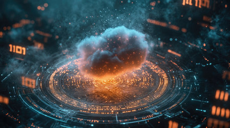 A holographic cloud integrated with a microchip on a dark background, surrounded by binary codesの素材