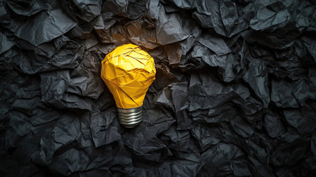 A golden paper symbolizing innovation stands out against dark crumpled sheets of failed ideasの素材
