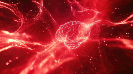 Abstract representation of neural technology and human brain fusion on a glowing red digital backgroundの素材
