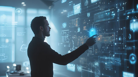 A man demonstrating AI advancements in a futuristic setting with digital holograms and tech iconsの素材