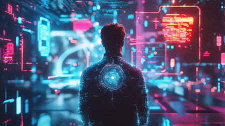 A man presenting AI advancements, glowing tech symbols and digital interfaces creating a futuristic atmosphereの素材