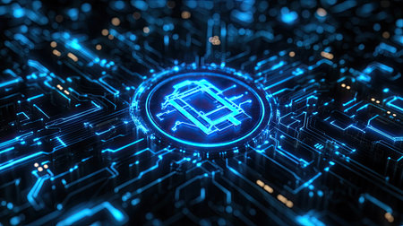 A luminous blue AI symbol on a futuristic circuit board, highlighting modern technological advancementsの素材