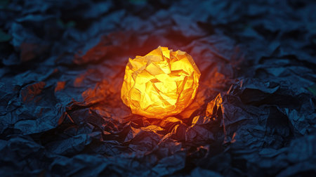 A golden crumpled paper glowing against dark crumpled sheets, symbolizing a bright idea amidst failed attempts.の素材