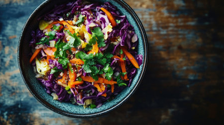 Bowl of colorful vegetable soup, featuring carrots, cabbage, and parsley, shot from above with natural lightingの素材