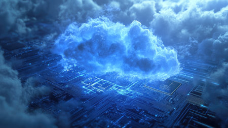 Abstract blue cloud hovering over a microchip, symbolizing cloud computing and technology integrationの素材