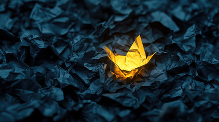 Bright golden paper glowing in a sea of dark crumpled sheets, highlighting an innovative ideaの素材