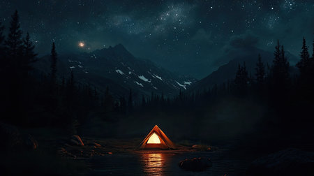 A lit tent in a dark forest surrounded by mountains, under the breathtaking Milky Wayの素材