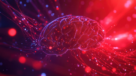 3D visualization of a human brain illuminated with neural circuits and data streams on a red backdropの素材