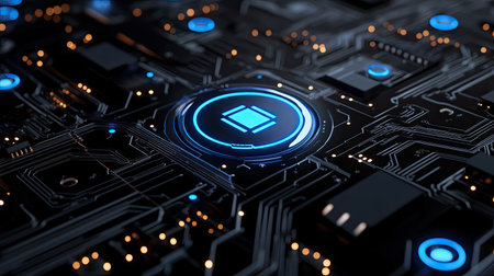 Advanced tech scene with a luminous blue AI icon on a sleek black circuit boardの素材