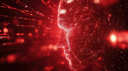 Abstract representation of neural technology and human brain fusion on a glowing red digital backgroundの素材