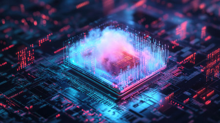 A holographic cloud integrated with a microchip on a dark background, surrounded by binary codesの素材