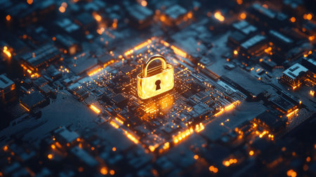 A shining padlock in the center of a digital circuit, symbolizing secure online communication and encryptionの素材