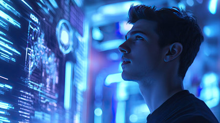 A man presenting AI concepts in a futuristic digital environment with glowing holograms and advanced tech visualsの素材