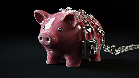 A pink piggy bank bound by a silver chain and padlock, symbolizing financial security and savingsの素材