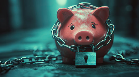 A piggy bank wrapped in a chain with a padlock, representing financial protection and savingsの素材