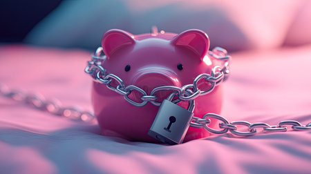 A pink piggy bank bound by a silver chain and padlock, symbolizing financial security and savingsの素材