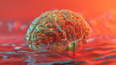 3D visualization of a human brain illuminated with neural circuits and data streams on a red backdropの素材