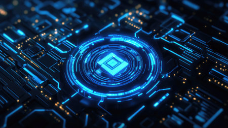Blue glowing AI symbol on a futuristic circuit board, set in a dark digital backgroundの素材