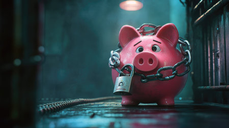 A secured pink piggy bank bound by a chain and padlock, representing financial safetyの素材