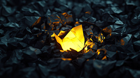 Bright golden paper glowing in a sea of dark crumpled sheets, highlighting an innovative ideaの素材